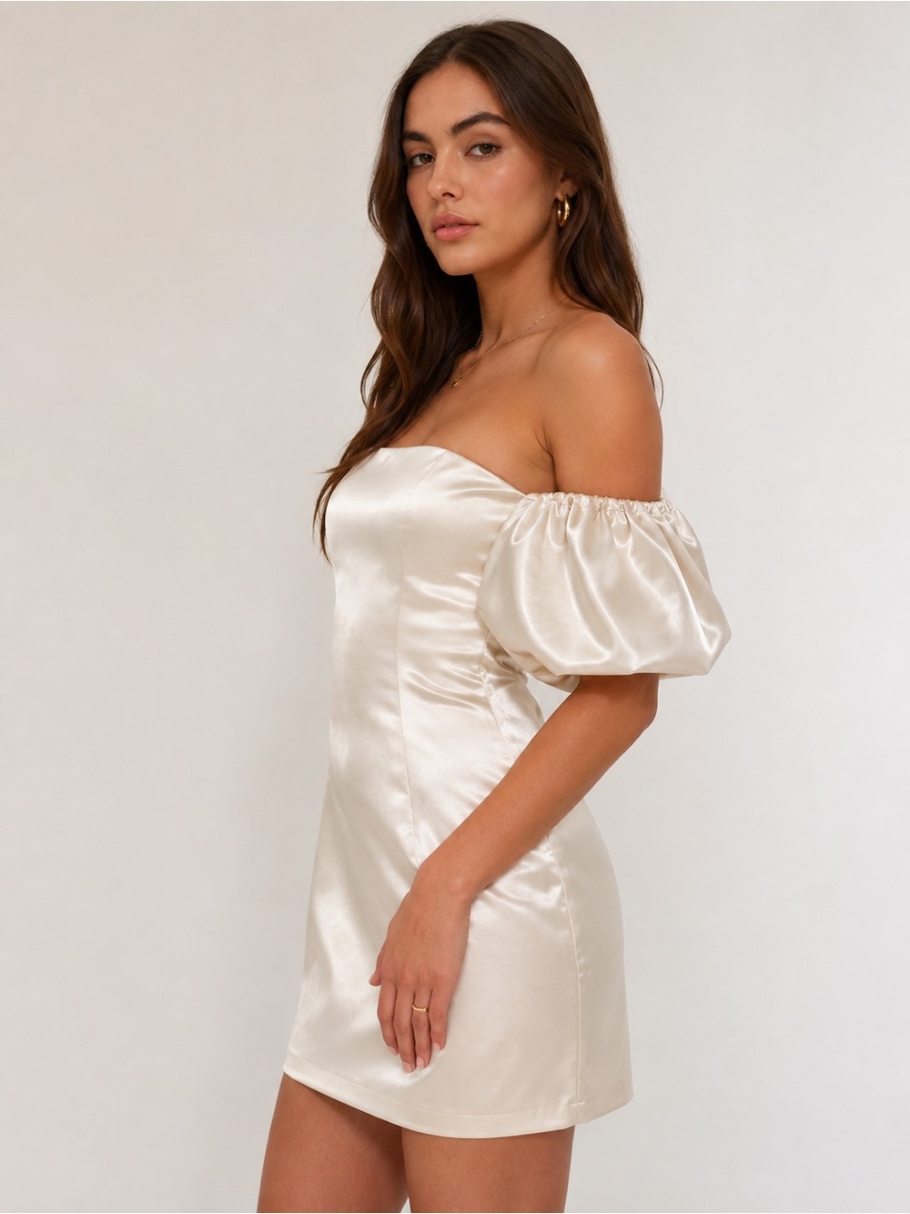 NWT Abercrombie & Fitch Off The Shoulder Satin Mini Dress Size LP White